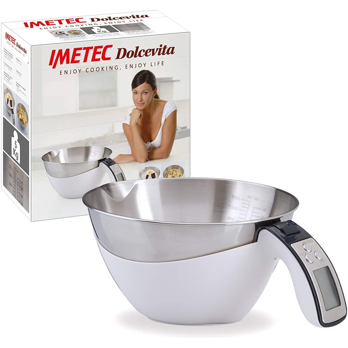 Imetec Dolcevita ES4 Báscula Electrónica de Cocina, Pesa Sólidos y Líquidos, Capacidad 5 Kg, División 1 g, Función Tara, Pantalla Digital