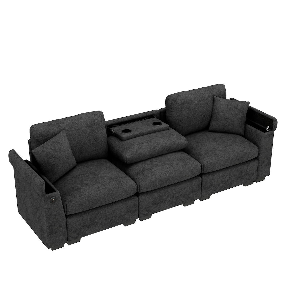 Dreisitzer-Sofa 242×80×88 mit Klapptisch USB-Anschluss Getränkehalter Stauraum Loungebett Couch Wohnzimmer – Grau