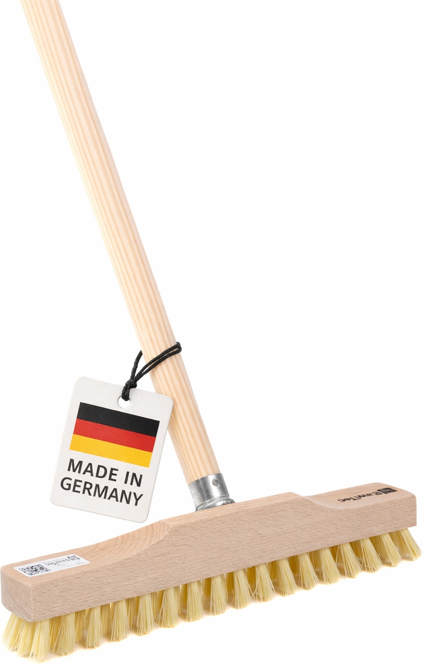 Universal Wischer-Schrubber 28cm Breit gelbe Borsten mit Holzstiel 120cm Lang Rheinischer Wischer Stiel Haushaltsschrubber