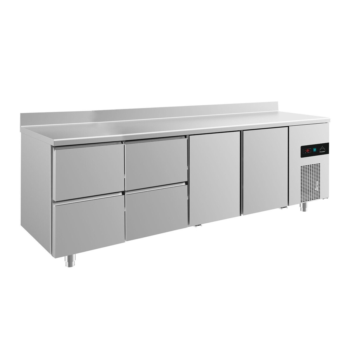 Gastro Kühltisch 2 Türen mittig&rechts 4 Schubladen links&mittig Umluftkühlung Aufkantung, 2330x700x850mm -2/+8°C 632l
