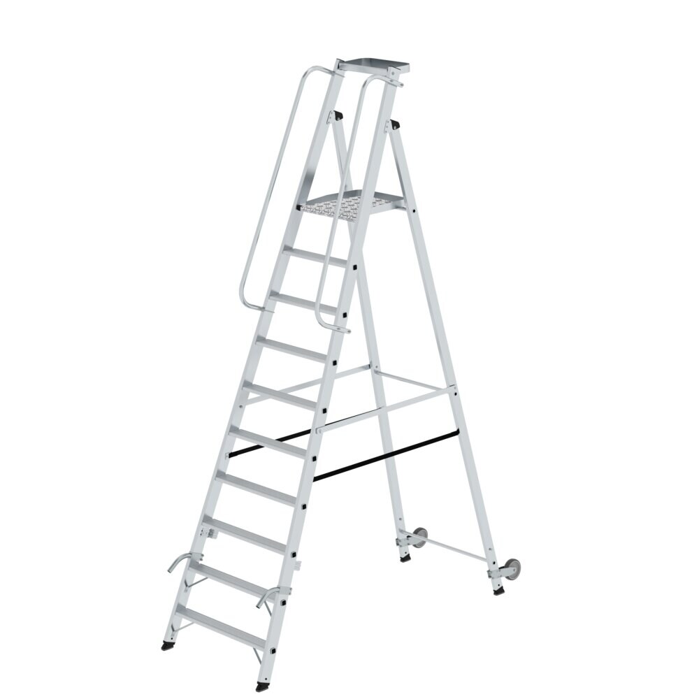 PROREGAL Plattformleiter mit Rollen und Griff | 10 Stufen | inkl. beidseitigem Handlauf | Aluminium | nivello Leiterschuhe