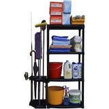 thumbnail of 4-laags opbergplank + bezemhouder, zwart, polypropyleen, zware kwaliteit, garage, wasruimte, kunstplastic