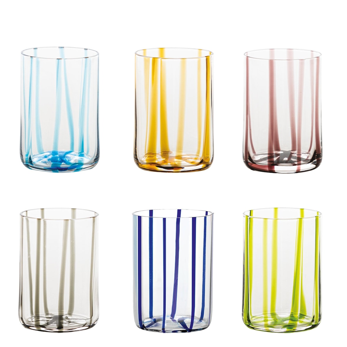 Zafferano Set 6 Tumbler Tirache in vetro colorato lavorato a mano, design elegante con linee a rilievo, colori assortiti, qualità artigianale