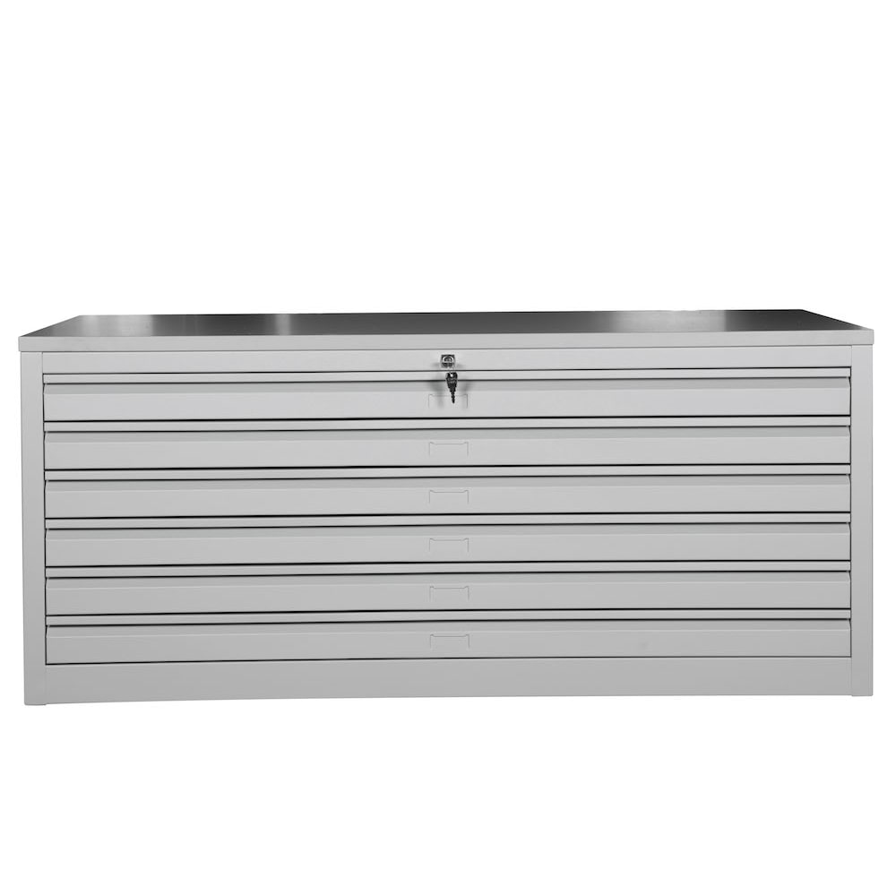 PROREGAL Flachablagenschrank Chinchilla | 6 Schubladen | Schwanenhalsgriff | HxBxT 62x140x95 cm | Holzabdeckplatte | Grau