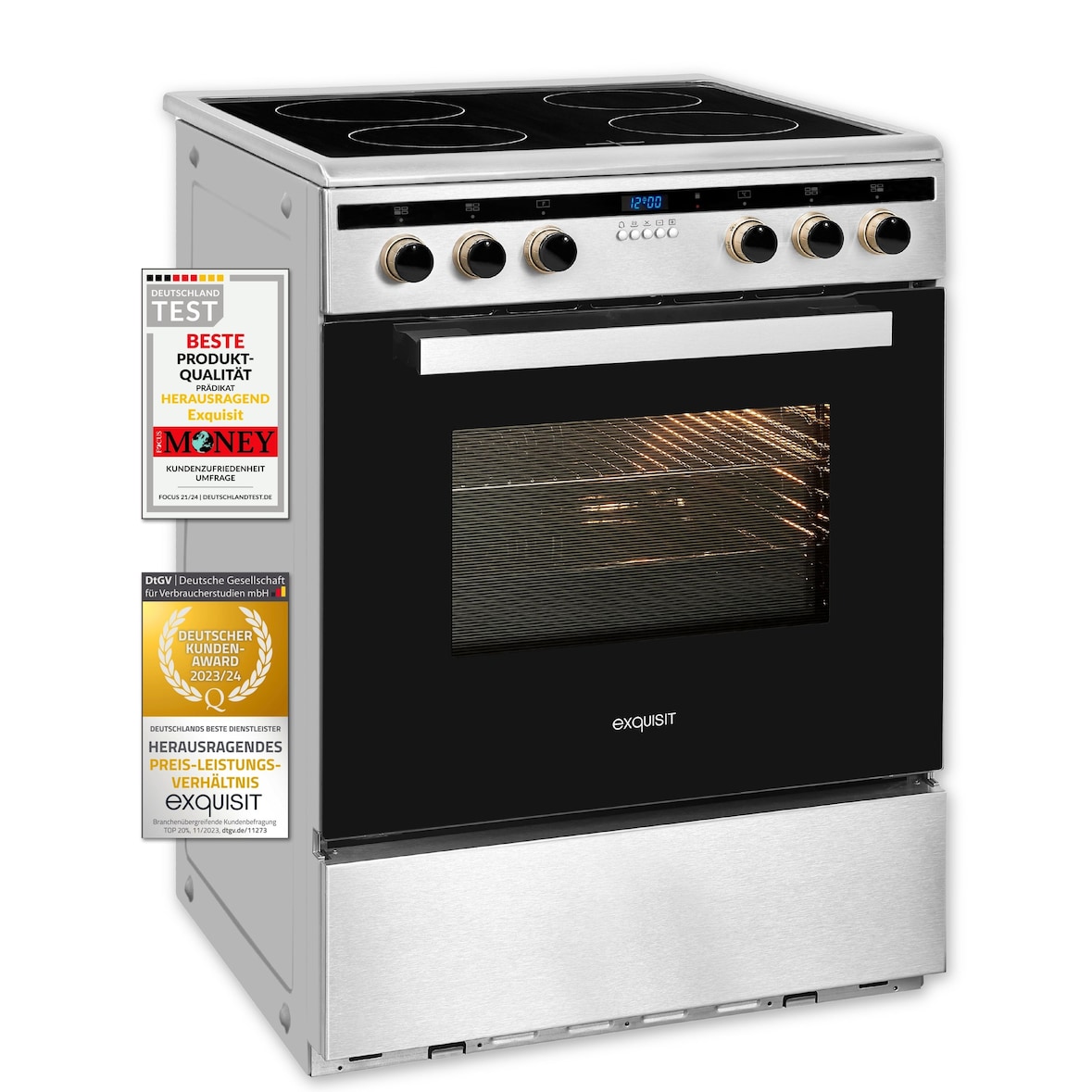 Exquisit Induktions-Standherd EHI 60-3.1 Inox | Energieeffizienzklasse A | 64,3 l Garraum | Glaskeramik Kochfeld | Induktions-Standherd 60 cm