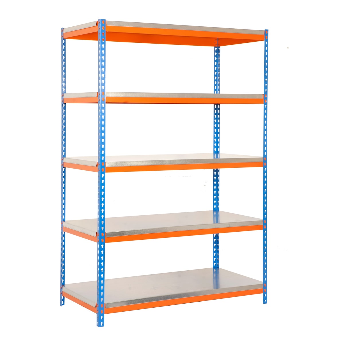 SimonRack Industrieel rek, 2000x1200x450 mm, 300 kg buigpunt, 5 metalen legborden, garagerek, Blauw/Oranje/Galvaniseerd- Bricoforte