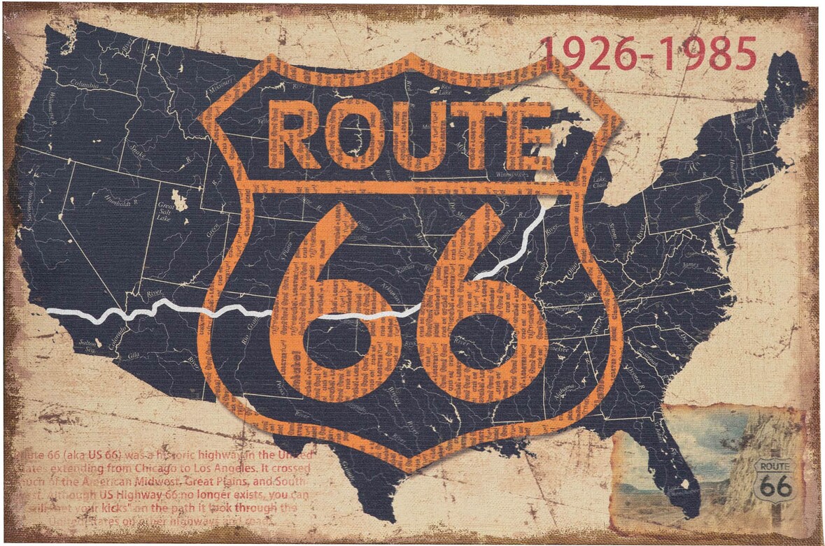 BISCOTTINI Druck auf leinwand aus antikierter rohjute 'route 66' l90xpr2xh60 cm. 2x90x60 cm