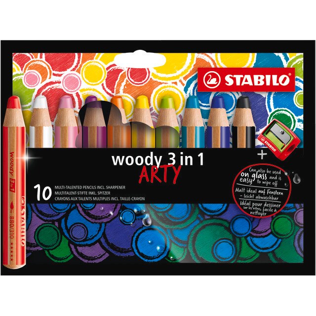 STABILO 10 crayons multi-talents woody 3 in 1 ARTY + 1 taille-crayon