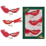 thumbnail of Weihnachtsrot/Satinrot 11cm Glasvögel auf Clip, handekoriert mit 5cm Federschwanz