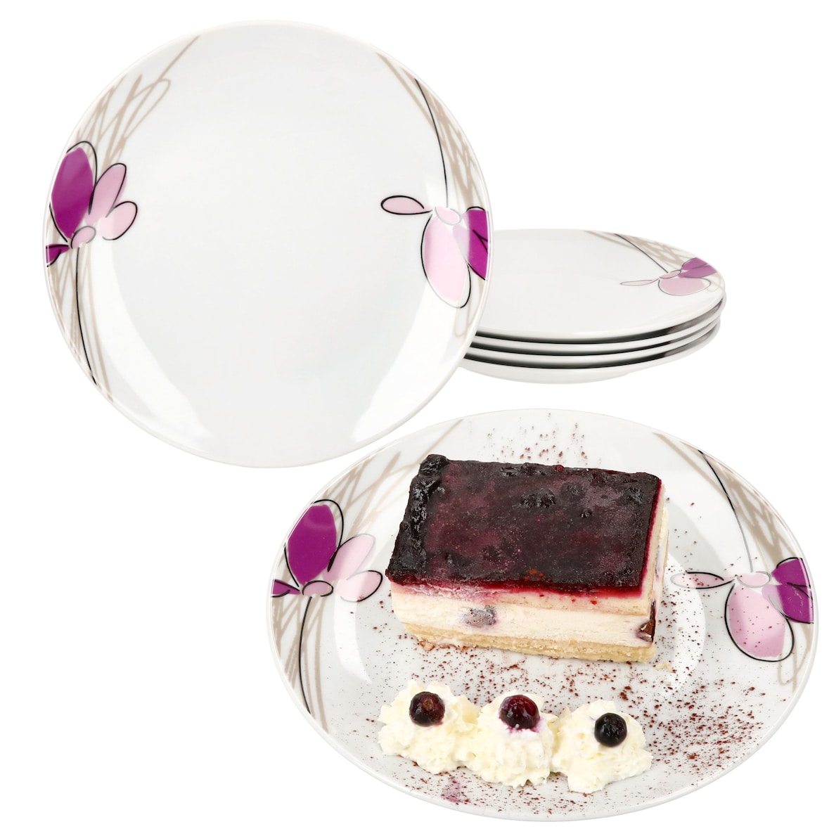 6er Set Viola Kuchenteller Porzellan 6 Personen Dessert Frühstücks-Teller Blumen