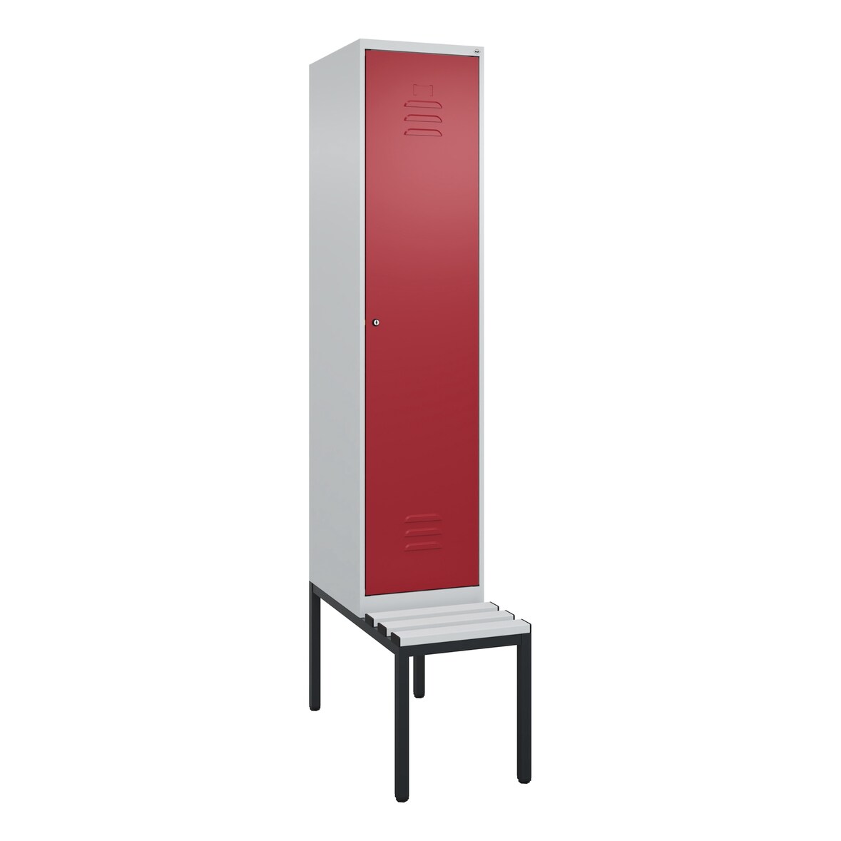 C+P Spind Classic PLUS, Kunststoff untergebaute Sitzbank, 1 Abteil, HxBxT 212x40x82cm, Zylinderschloss, Hellgrau/Rubinrot von PROREGAL