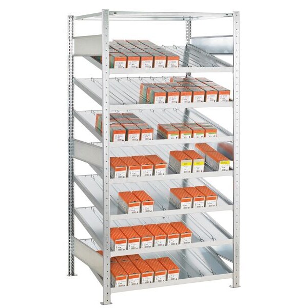 Grundregal, Kanbanregal MULTIplus150, 2000 x 1000 x 600 mm (HxBxT), verzinkt, 7+1 Fachböden, mit Trenn- und Seitenführungen