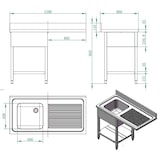 thumbnail of Fregadero industrial con escurridor y hueco lavavajillas, pila izquierda, estante, acero inoxidable 1200 x 600 mm 10208 Vaiotec