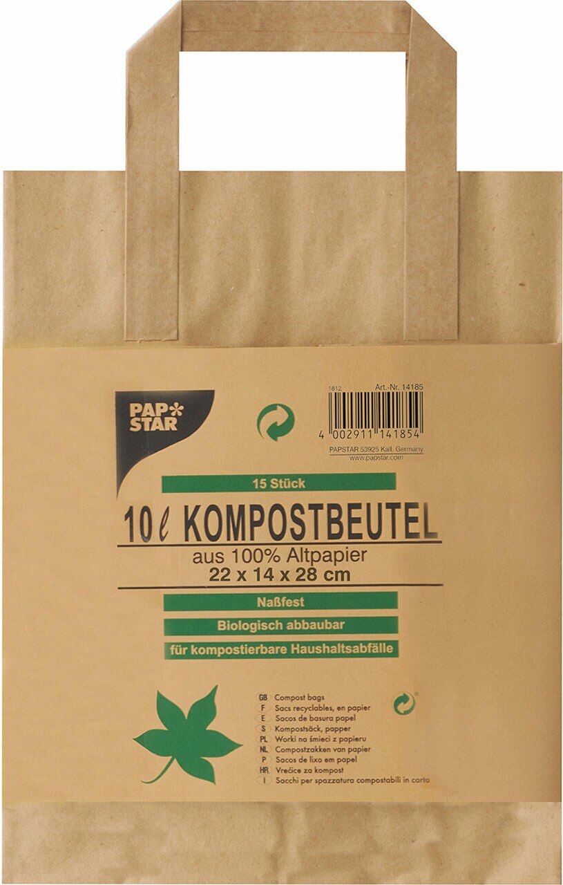 15x Kompostbeutel aus Papier mit Henkel 10L 28 cm x 22 cm x 14 cm braun