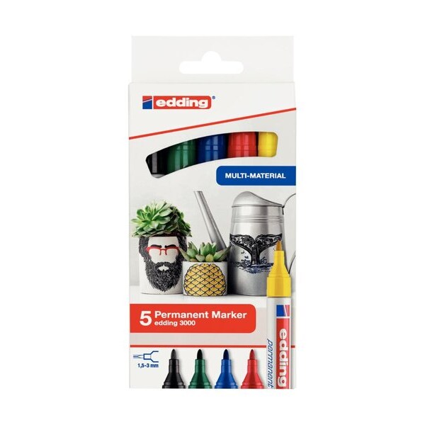 Edding permanent marker 3000, blister van 5 stuks in geassorteerde basiskleuren