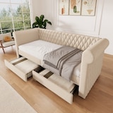 thumbnail of Schlafsofa Daybed 90x200 mit 2 Schubladen Stauraum, Leinenstoff Bezug, Armlehnen Rückenlehne, Tagesbett Gästebett Beige