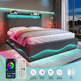 thumbnail of Merax Doppelbett 140 x 200CM Polsterbett – Kopfteil mit LED und Ablageflächen, extra Stauraum unten, mit Lattenrost, USB-Anschlüsse, grau