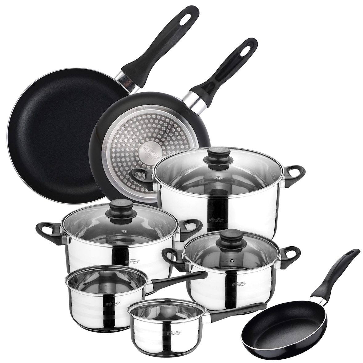 San Ignacio - Batería de cocina Toledo 16/18/20/24/28cm Acero Inox con Juego de Sartenes Navy Black 16/20/24cm Aluminio Prensado