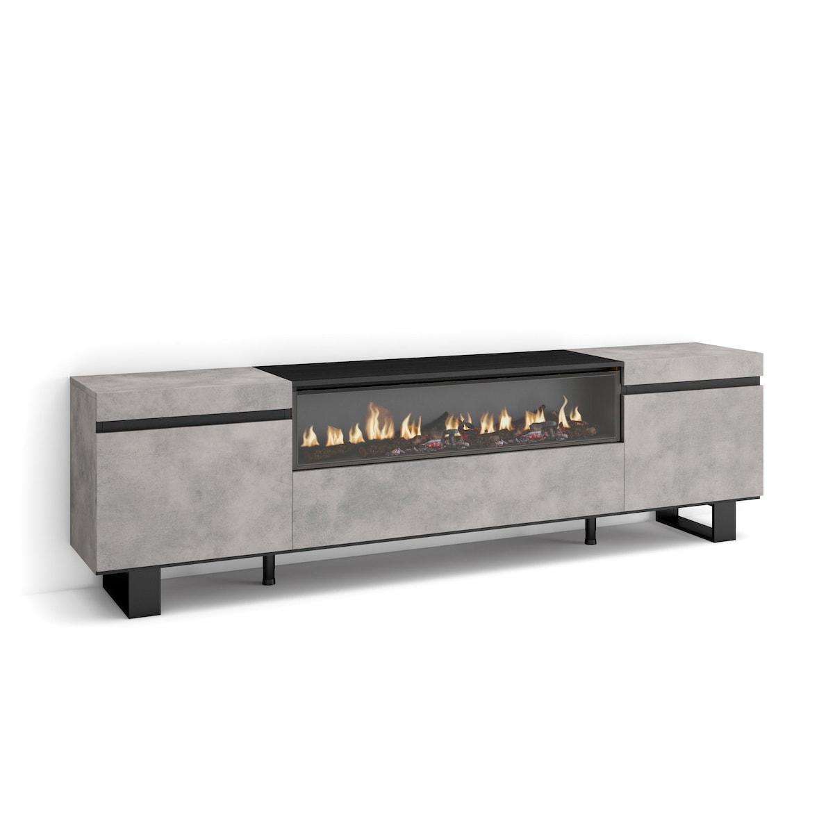 Móvel de TV, Muito espaço de arrumação, 200x35x57cm, Para televisores até 80", Lareira eléctrica, Design industrial, Estilo moderno, Cimento _ 51_22