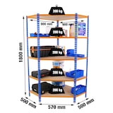 thumbnail of Maderclick Eckregal aus Metall ohne Schrauben, 5 Böden. Farbe BLAU/ORANGE/HOLZ 1800x900x500 mm