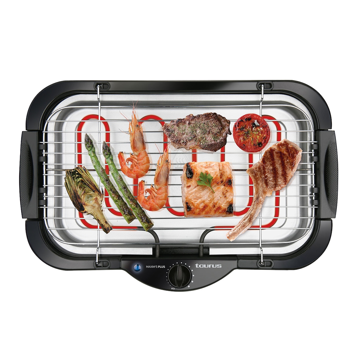 Taurus Maxim's Plus Barbacoa eléctica con patas desmontables de 2000W con gran superfície de 42x24cm, bandeja recoje-grasas, uso interior y exterior