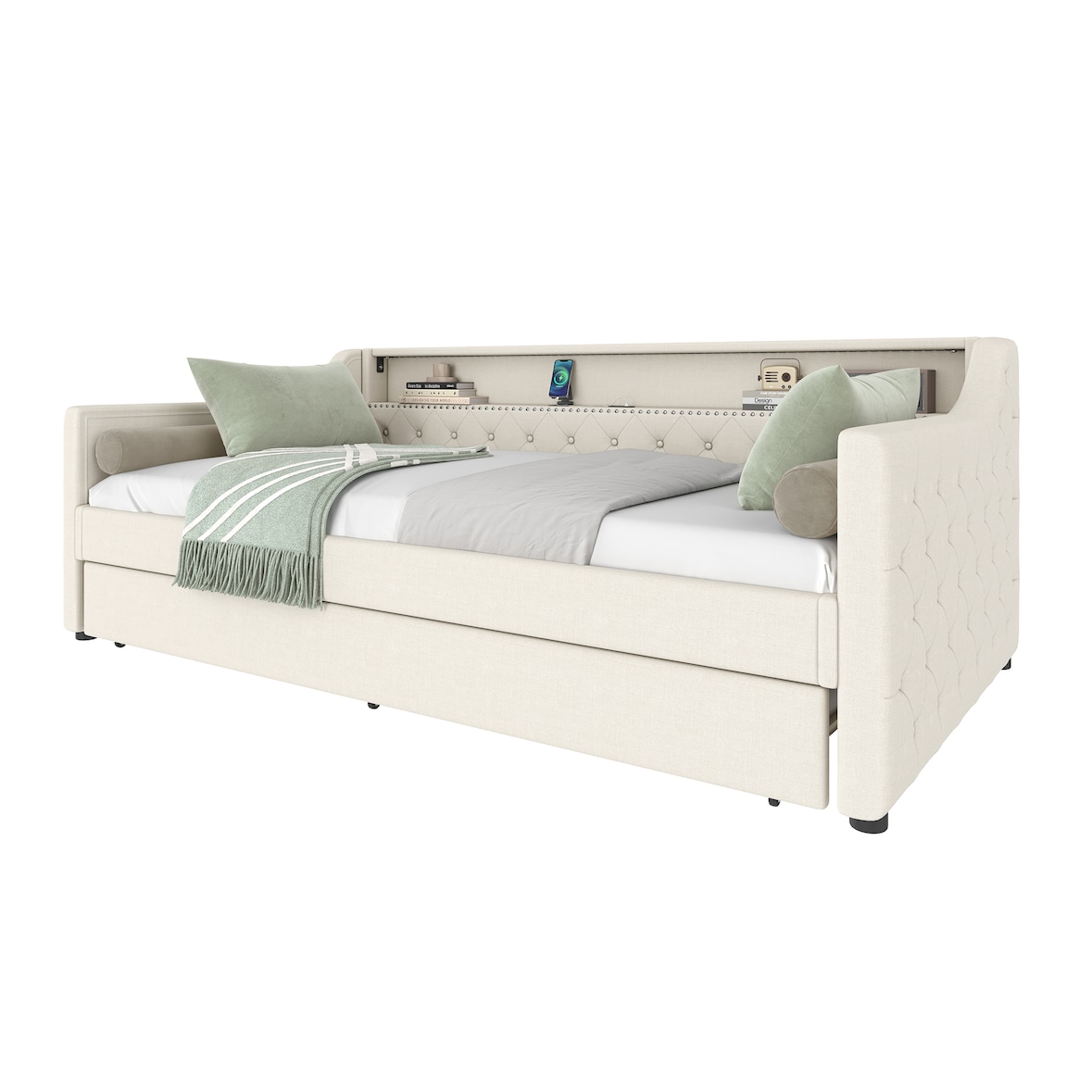 Tagesbett 90x200 cm aus Leinen mit Ausziehbett, stilvolle LED-Beleuchtung, USB-Anschluss, komfortables Design in Beige, ideal für kleine Räume