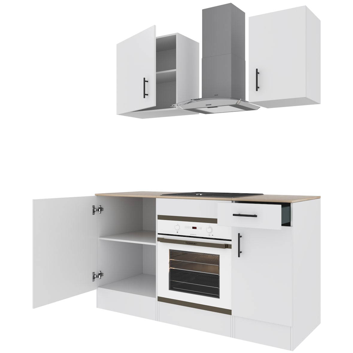 Cucina Componibile Completa Da 160 Cm Moderna con Cassetti Ammortizzati Piedini Regolabili Moduli Pensili Facile Da Installare Bianco Lucido e Rovere