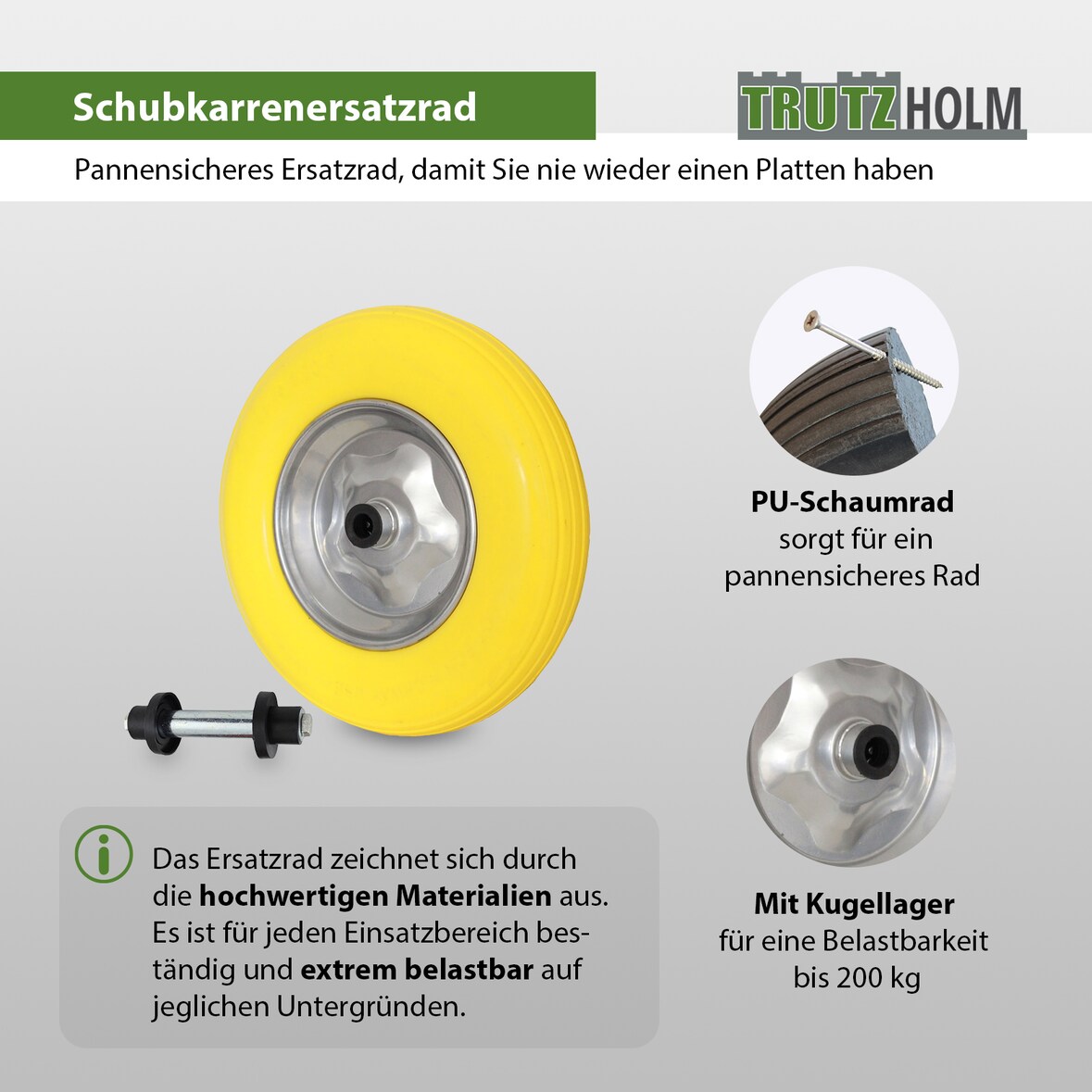Schubkarrenrad Vollgummi 4.00-8 4.80 mit Achse PU Stahlfelge 200 kg