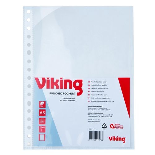 Viking Prospekthüllen  DIN A5 Glasklar Transparent 80 Mikron PP (Polypropylen) Öffnung oben 17 Löcher 25 Stück