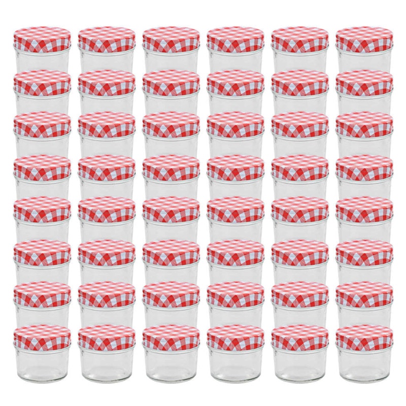 48 Pcs Pots à Confiture Couvercles Blanc Et Rouge Verre 110 Ml