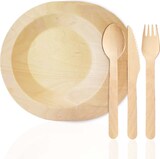 thumbnail of WISEFOOD 80-Teilig (20 Teller & 20 Messer,20 Gabel, 20 Löffel) - Birkenholz Einweg Besteck Set mit Holzteller