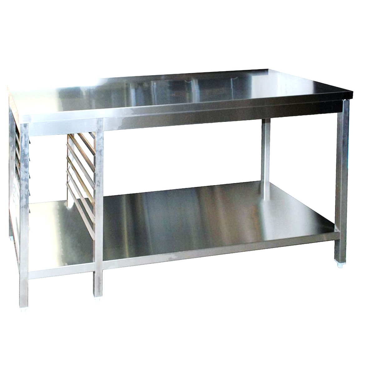 Edelstahl Arbeitstisch mit Aufkantung  mit GN-Winkel links GN1/1 verschweißt  Bautiefe 600mm  mit Grundboden  AISI 304