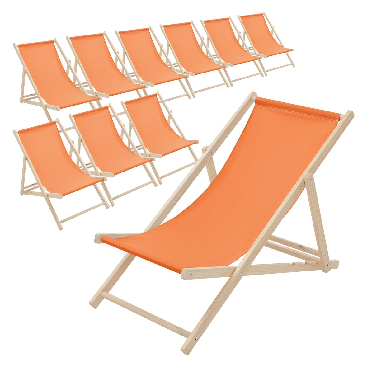 ECD Germany 10er Set Liegestuhl klappbar Orange Holz, verstellbar 3 Positionen bis 120 kg, Sonnenliege Garten Strand
