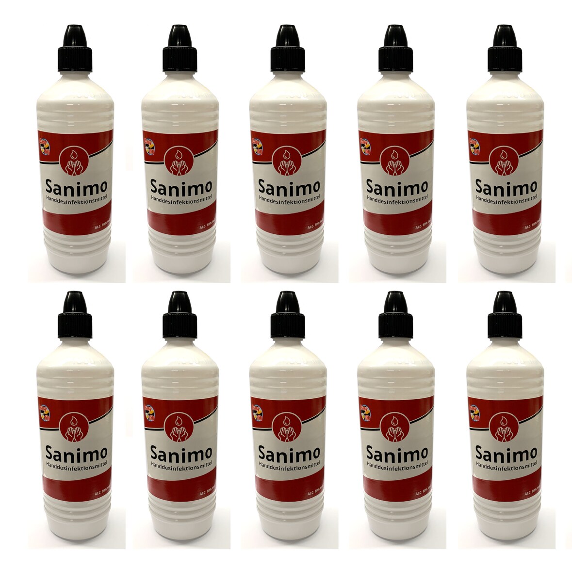 10x 1000ml Sanimo Handdesinfektionsmittel - anwendungsfertig - nach Rezept der WHO Desinfektionsmittel Hände Nachfüllflasche