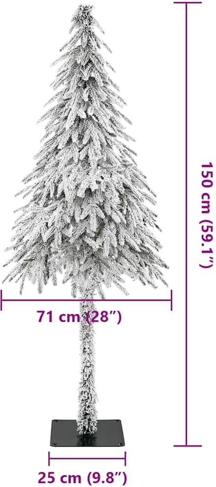 Ein verschneiter künstlicher Weihnachtsbaum mit Ständer.