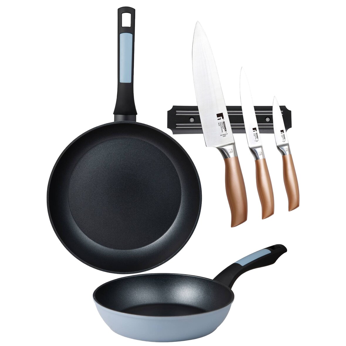 BERGNER - Set di 2 Padelle Ø20/26 cm in Alluminio Pressato Adatto a Induzione con Set di 3 Coltelli in Acciaio Inox con Supporto Magnetico da Parete