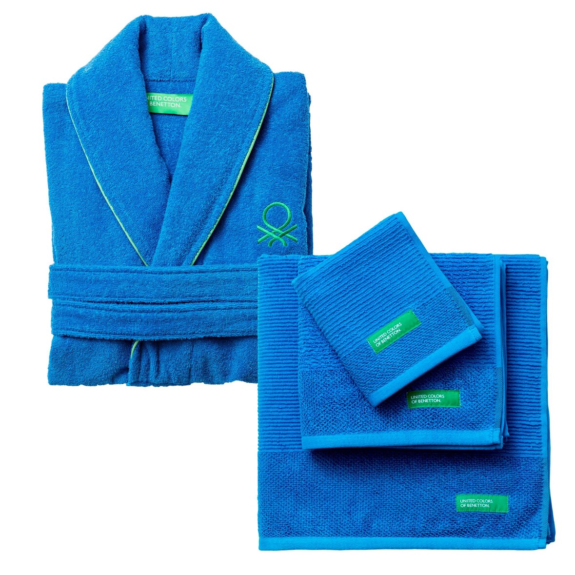 Benetton - Set Accappatoio L/XL con Set di 3 Asciugamani da Bagno 100% Cotone Blu - Rainbow Be