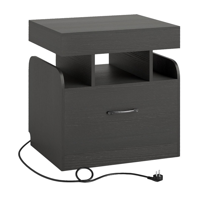 COSTWAY Mesita de noche con estación de carga, mesita auxiliar con cajón, mesita de noche con compartimentos abiertos