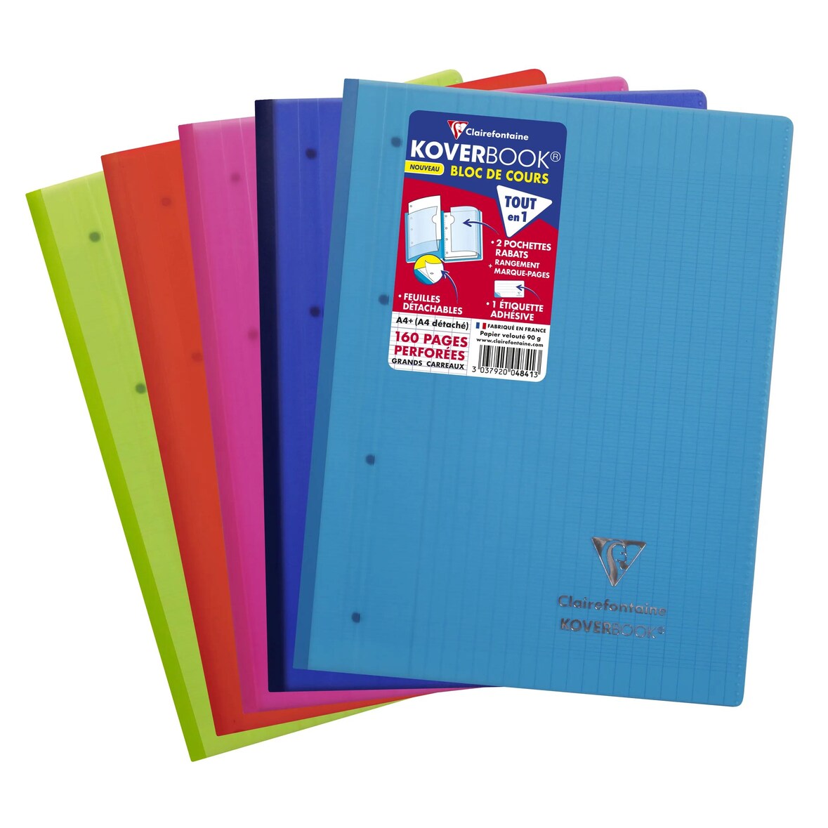 Clairefontaine 5x Koverbook, Kursusblock A4+, an der langen Seite geheftet, 80 Bl 90g, abtrennbar, 4-fach gelocht, Seyès, Einban PP - Sortiert 4841C