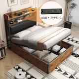 thumbnail of Bett 90x200 cm mit hydraulischem Stauraum, USB-Anschlüssen und Retro-Holz-Metall-Design – multifunktional Schwarz