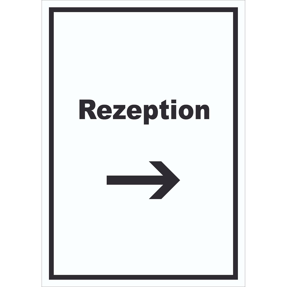 Rezeption Schild mit Text und Richtungspfeil rechts Anmeldung Eingang hochkant A6 (105x148mm)