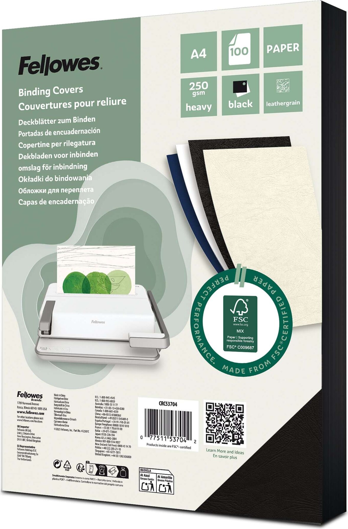 Portadas de encuadernación símil piel Delta Fellowes FSC® A4, 250 g, pack 100 unidades, negro