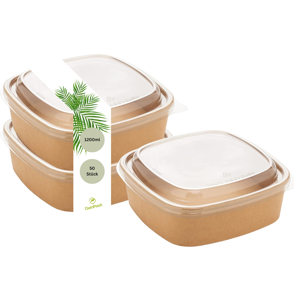 DeinPack 50 Salatschale mit PET Deckel braun eckig 1200 ml