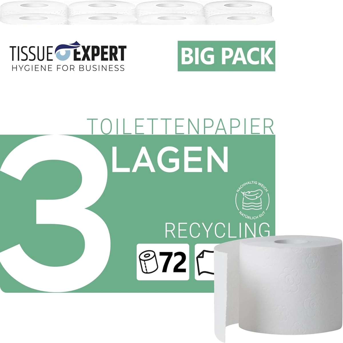 Tissue Expert Toilettenpapier, 3-lagig, 72 Rollen x 250 Blatt, 100% Recycling, superweiches Klopapier, Großpackung für Gewerbe, Verpackung aus 60% PCR