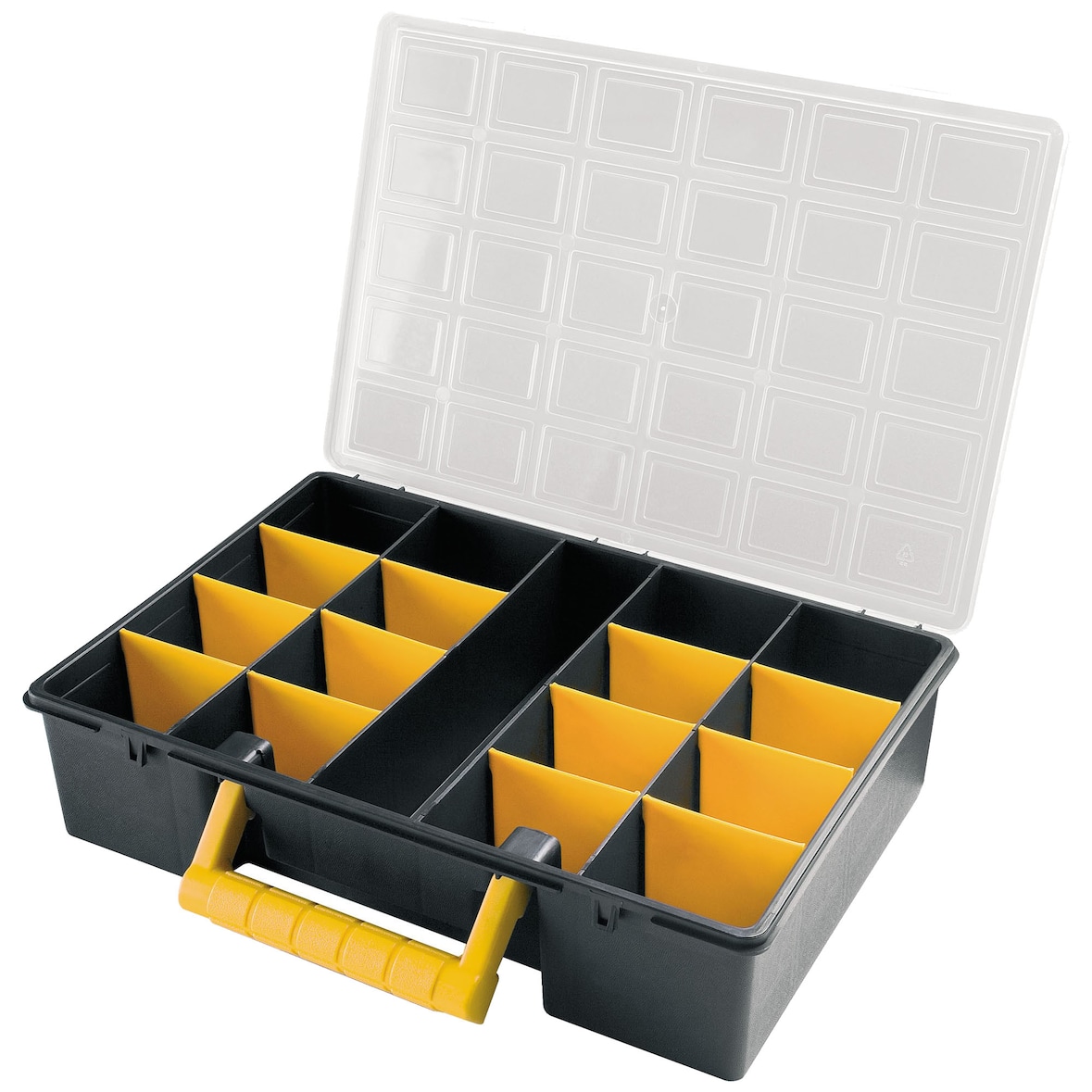 Organizador de plástico L362 x P250 x H85 mm con separadores extraíbles, tapa transparente