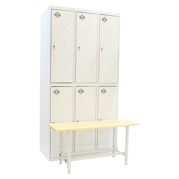 Pack cacifo metálico desmontado Tandem DIY módulo inicial + 2 módulos adicionais em cinzento 1800x1000x620 mm + banco de vestiário.