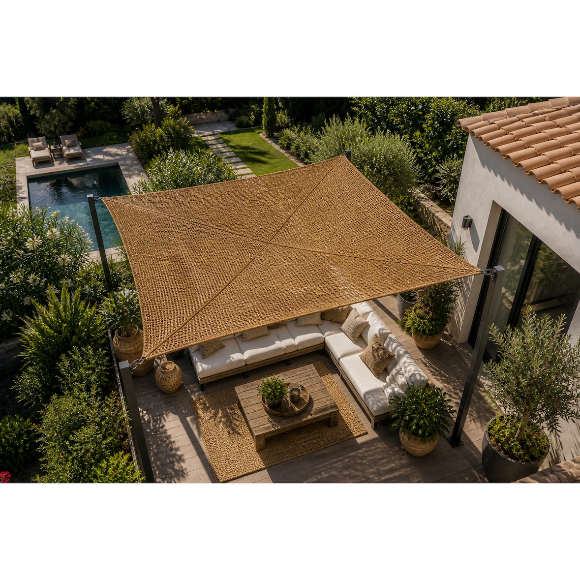 Toldo vela coco natural reforzado 3x3 m 60% ocultación para jardín terraza pérgola