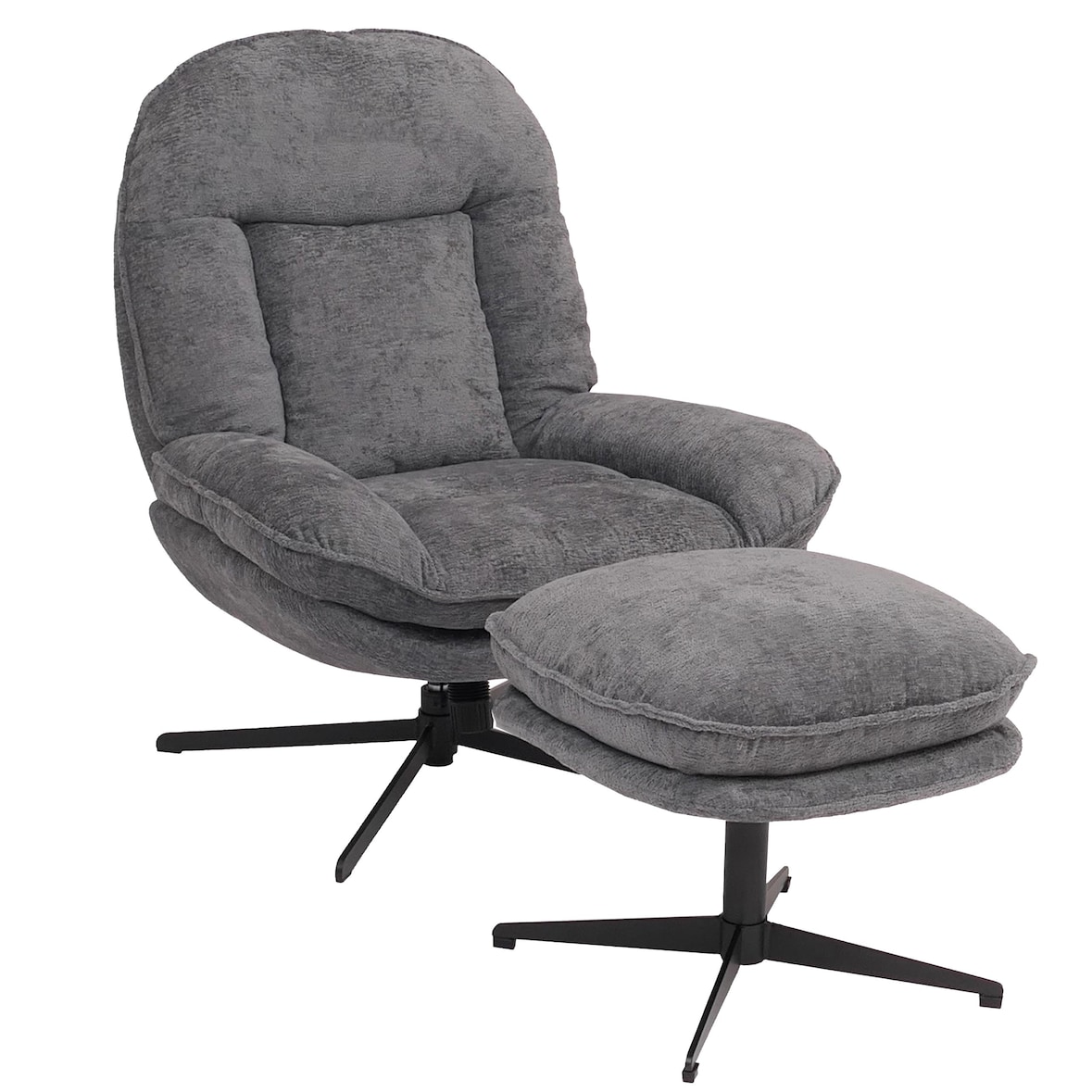 Relaxsessel mit Hocker HWC-P32, Fernsehsessel Nosagfederung, drehbar Metall Stoff/Textil Chenille (370 g/m²) ~ grau