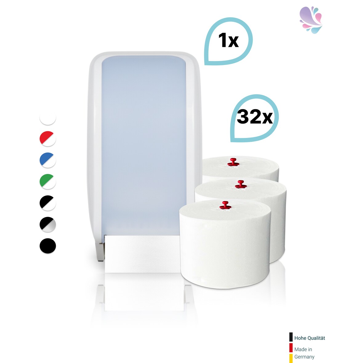 SET: 1x Toilettenpapierspender Doppelrollen Blanc Cosmos + 32 Toilettenpapierrollen Long Life 3L - PRODUKTSET