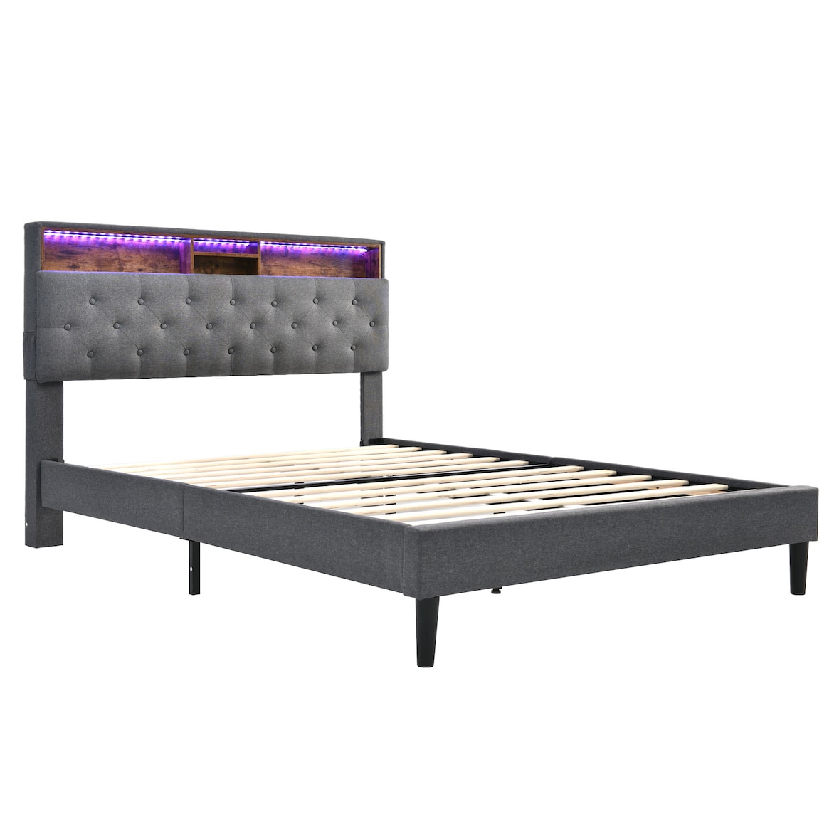 Merax LED Doppelbett 140x200 Polsterbett aus Leinen mit Stauraum-Kopfteil & Lattenrost aus Holz Grau